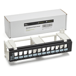 trueCABLE wall mount patch panel with 12 ports, shown alongside its packaging for easy organization and structured cabling installations