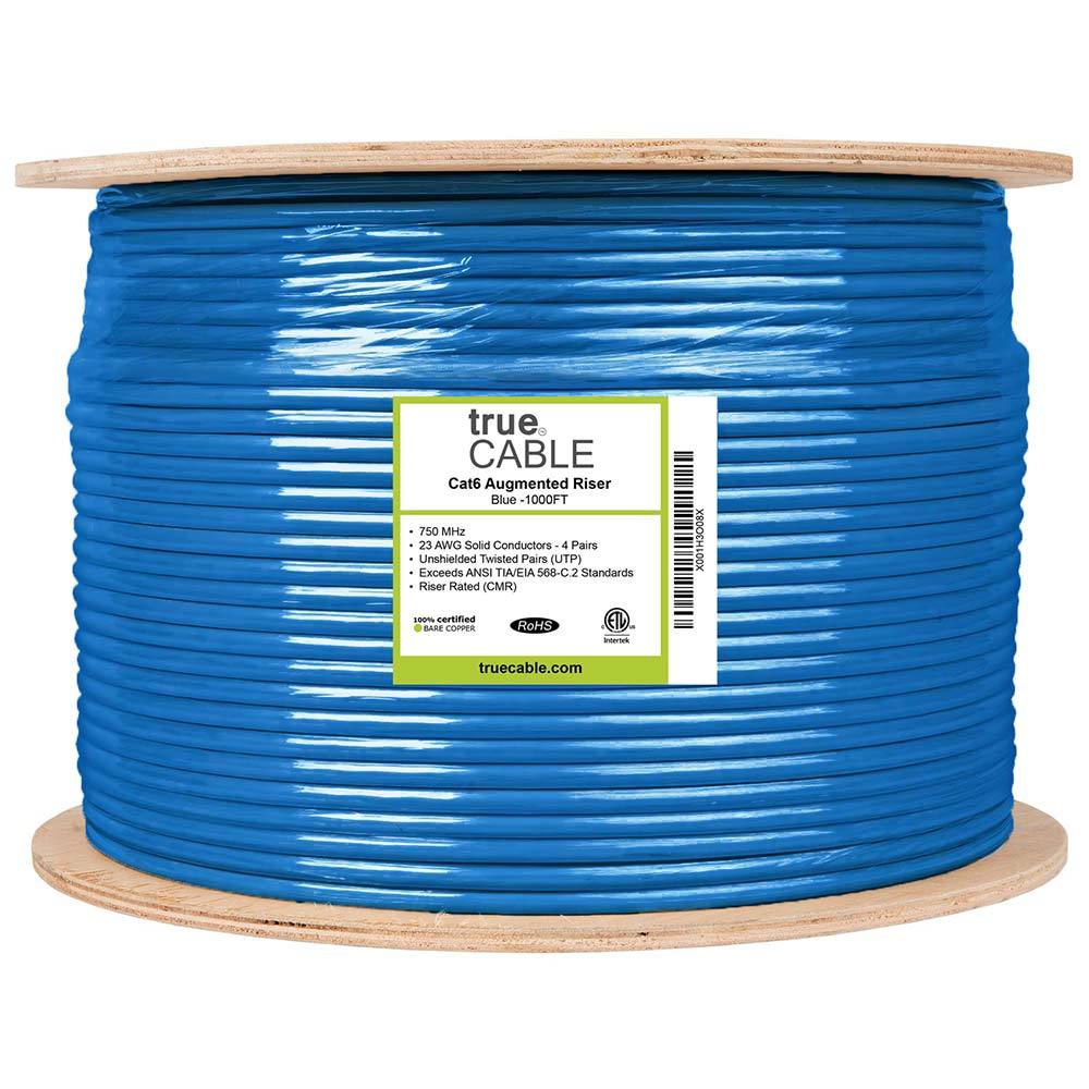 trueCABLE Cat6a Riser (CMR) 1000ft Blue 23AWG 4 Pair Solid Bare Copper 750MHz ETL Listed Unshielded Twisted Pair (UTP) Bulk Ethernet Cable