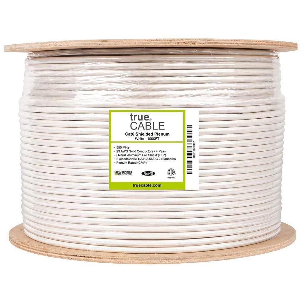 trueCABLE Cat6 Plenum Shielded (CMP) 1000ft White 23AWG Solid Bare Copper 550mhz ETL Listed Overall Foil Shield (FTP) Bulk Ethernet Cable